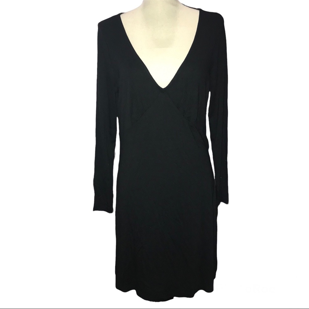 BP Black Dress Deep V-Neck Long Sleeve Stretch Shirred Empire Waist Small